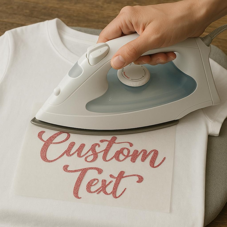 May include: A white iron is being used to press a pink glitter iron-on design onto a white t-shirt. The design says "Custom Text".