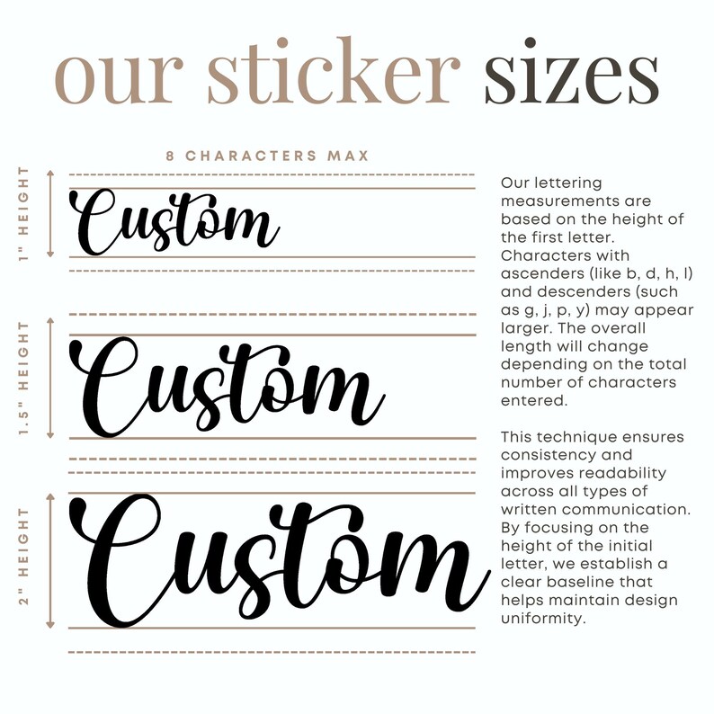 May include: A guide to sticker sizes with the word "Custom" in three different sizes: 1 inch, 1.5 inches, and 2 inches tall. The text "8 Characters Max" is above the 1-inch sticker. The text explains that the lettering measurements are based on the height of the first letter and that characters with ascenders or descenders may appear larger. The overall length will change depending on the total number of characters entered. The text also explains that this technique ensures consistency and improves readability across all types of written communication. By focusing on the height of the initial letter, a clear baseline is established that helps maintain design uniformity.