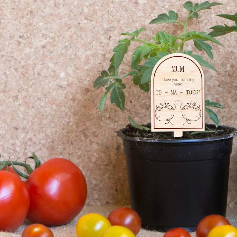 May include: Wooden plant marker with a heart and the text "MUM I love you from my head to my toes!" with two cartoon tomatoes on either side of the heart.