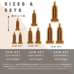 May include: Three sets of wooden skyscraper building cutouts in three different sizes: 3 cm, 4 cm, and 5 cm. Each set includes three identical cutouts. The cutouts are brown and have a detailed design. The text "SIZES & SETS" is at the top of the image. The text "WIDTH" and "HEIGHT" are labeled on the image.