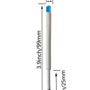 May include: A white pen with a blue top, measuring 3.9 inches or 99 mm in length and 1 inch or 25 mm in width. The pen has a 0.24 inch or 6 mm diameter.