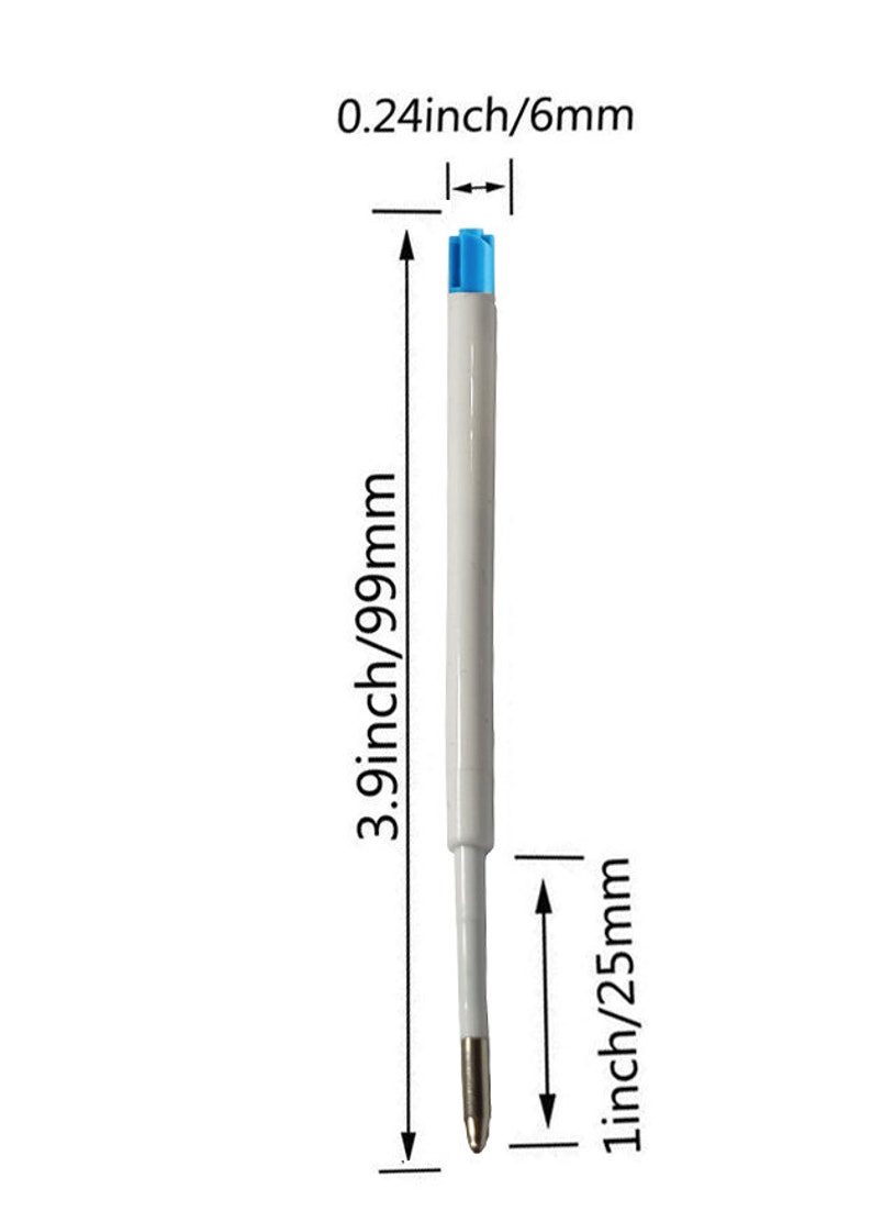 May include: A white pen with a blue top, measuring 3.9 inches or 99 mm in length and 1 inch or 25 mm in width. The pen has a 0.24 inch or 6 mm diameter.