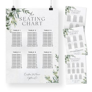 May include: Wedding seating chart with a botanical design. The main chart is white with six tables listed, each with ten custom name slots. Smaller charts are also visible. The text "the SEATING CHART" is at the top.