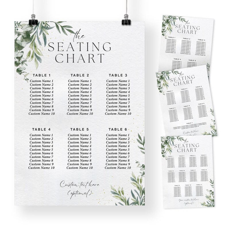 May include: Wedding seating chart with a botanical design. The main chart is white with six tables listed, each with ten custom name slots. Smaller charts are also visible. The text "the SEATING CHART" is at the top.