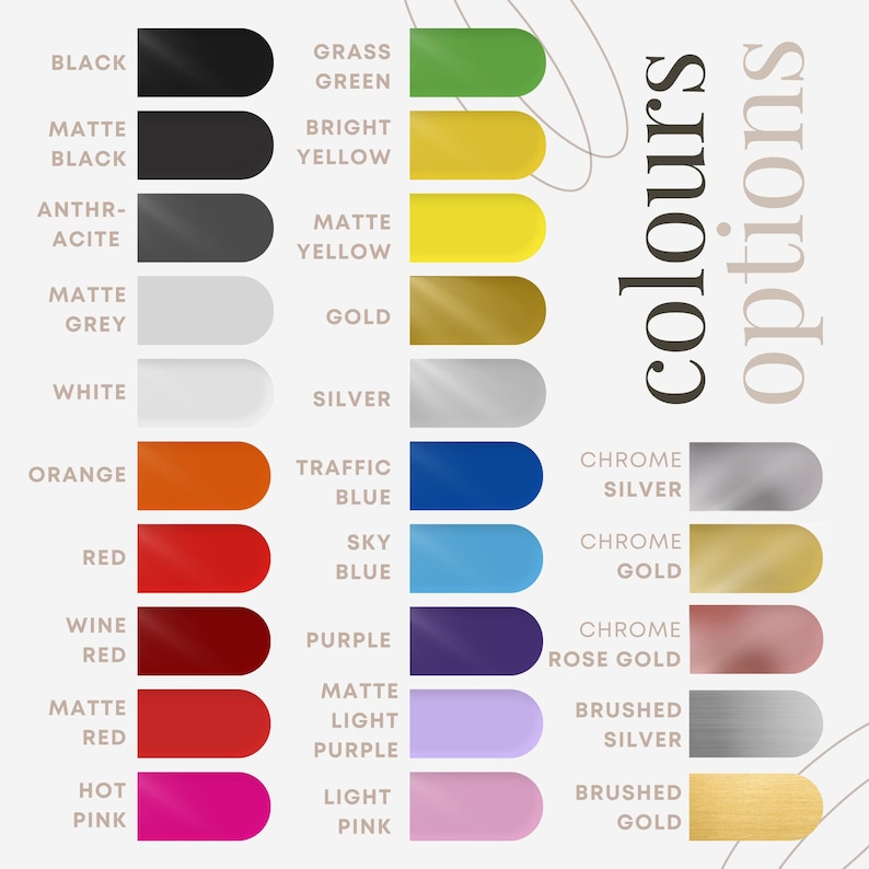 Puede incluir: Una tabla de opciones de color para un producto, con nombres como "Negro", "Negro mate", "Antracita", "Gris mate", "Blanco", "Naranja", "Rojo", "Rojo vino", "Rojo mate", "Rosa intenso", "Verde hierba", "Amarillo brillante", "Amarillo mate", "Oro", "Plata", "Azul tr&aacute;fico", "Azul cielo", "Morado", "Morado claro mate", "Rosa claro", "Plata cromo", "Oro cromo", "Oro rosa cromo", "Plata cepillada", "Oro cepillado".