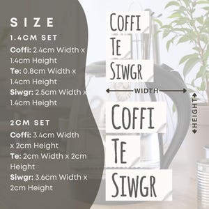 May include: A diagram showing the size of three different tea infusers: Coffi, Te, and Siwgr. The infusers are shown in two sizes: 1.4 cm and 2 cm. The diagram shows the width and height of each infuser in centimeters.