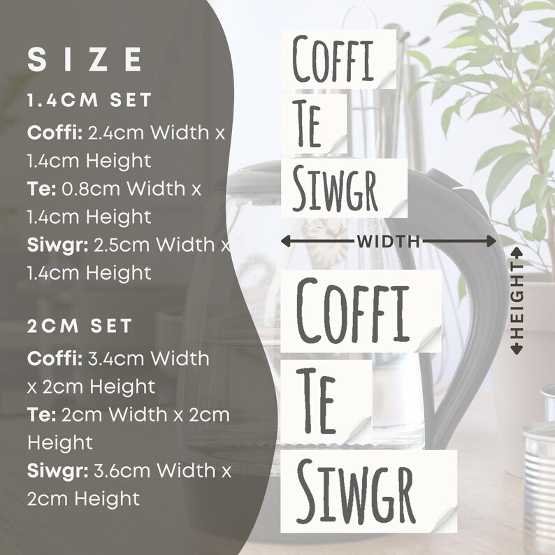 May include: A diagram showing the size of three different tea infusers: Coffi, Te, and Siwgr. The infusers are shown in two sizes: 1.4 cm and 2 cm. The diagram shows the width and height of each infuser in centimeters.
