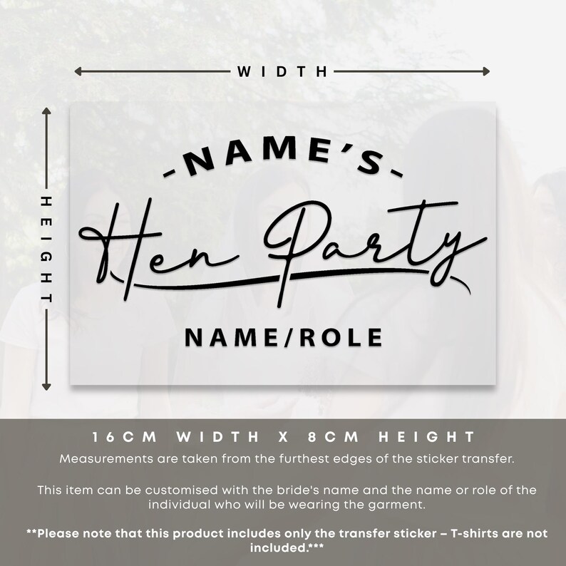May include: Black and white text graphic for a hen party. The text reads "NAME'S Hen Party NAME/ROLE". The graphic is 16 cm wide and 8 cm high.