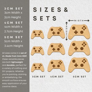 May include: Three sets of wooden game controller cutouts in three sizes: 3 cm, 4 cm, and 5 cm. Each set includes three controllers. The controllers are made of light brown wood with dark brown details. The text "SIZES & SETS" is at the top of the image. The text "3CM SET", "4CM SET", and "5CM SET" is below the controllers.