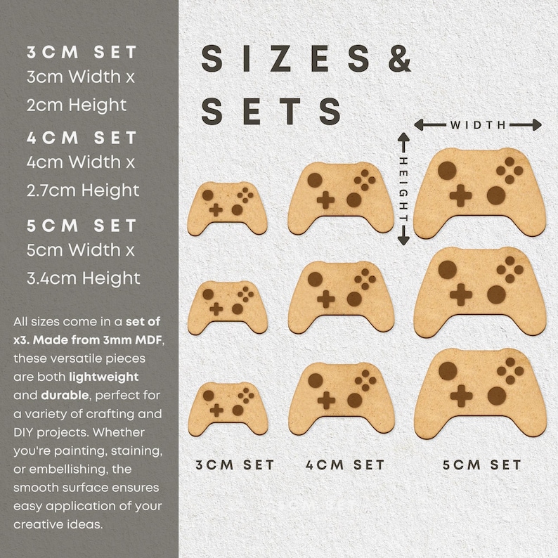 May include: Three sets of wooden game controller cutouts in three sizes: 3 cm, 4 cm, and 5 cm. Each set includes three controllers. The controllers are made of light brown wood with dark brown details. The text "SIZES & SETS" is at the top of the image. The text "3CM SET", "4CM SET", and "5CM SET" is below the controllers.