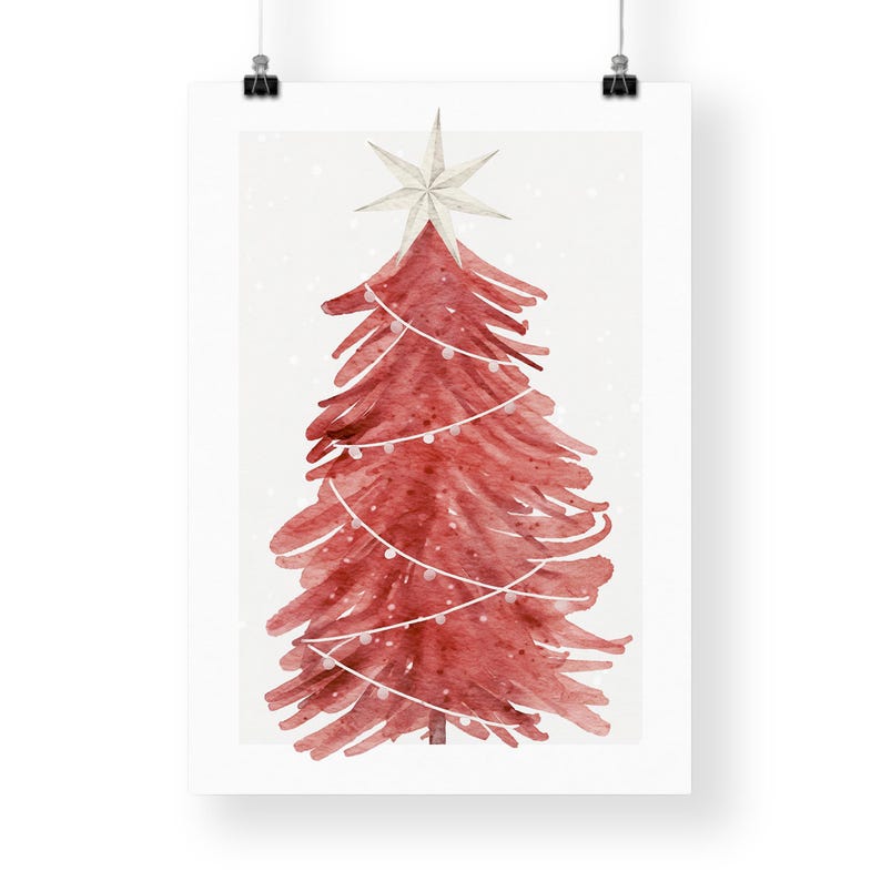 May include: Watercolor illustration of a red Christmas tree with a white star on top. The tree is decorated with white string lights and set against a white background with subtle snowfall.