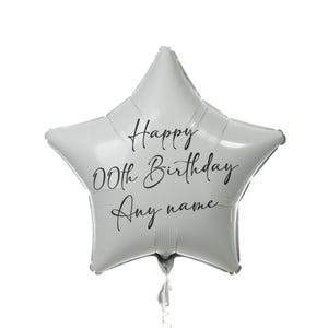 May include: Silver star-shaped balloon with the text "Happy 00th Birthday Any name" printed in black.