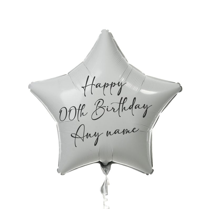 May include: Silver star-shaped balloon with the text "Happy 00th Birthday Any name" printed in black.