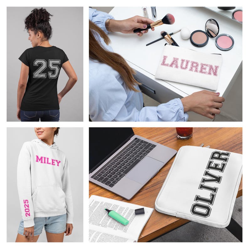 May include: A set of three personalized items with different designs. A black t-shirt with the number "25" in silver on the back, a white hoodie with the name "MILEY" in pink on the front and "2025" in pink on the sleeve, and a white laptop sleeve with the name "OLIVER" in black on the side.