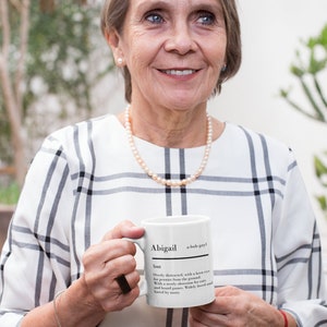 May include: White ceramic mug with a black and white definition of the name Abigail. The mug is being held by a person wearing a white and black plaid shirt.