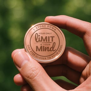 May include: A round, copper-coloured token with the words "1 Stone Down", "Your Only Limit Is Your Mind", and "One Step Closer To Your Goal" engraved on it.