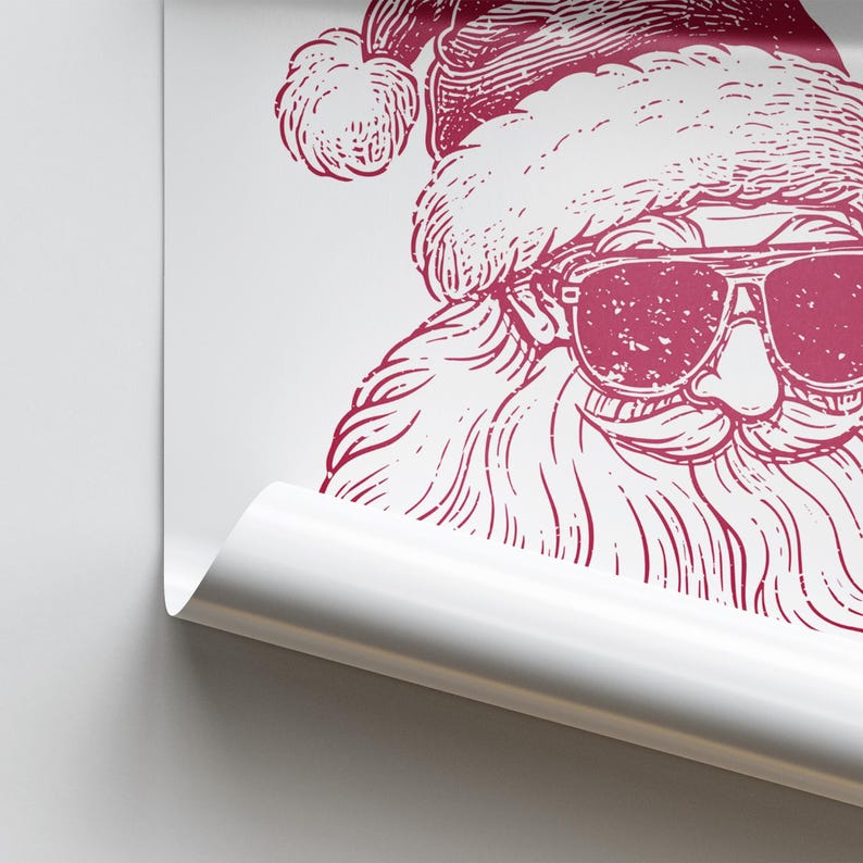 May include: A vintage-style illustration of Santa Claus wearing sunglasses. The illustration is in shades of red and white.