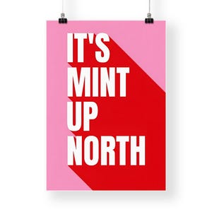May include: A poster with the text "IT'S MINT UP NORTH" in bold white letters. The poster has a pink and red color scheme, with a long shadow effect on the text. The poster is hanging from a black clip.