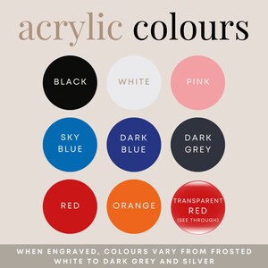 May include: Acrylic paint color chart with 10 color swatches. The colors are black, white, pink, sky blue, dark blue, dark grey, red, orange, and transparent red. The text "WHEN ENGRAVED, COLORS VARY FROM FROSTED WHITE TO DARK GREY AND SILVER" is at the bottom of the chart.