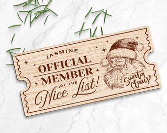 Nice List Ticket - Santa: Personalised Santa's Nice List Wooden Ticket Certificate, Christmas Keepsake for Kids, Magic Christmas Gift