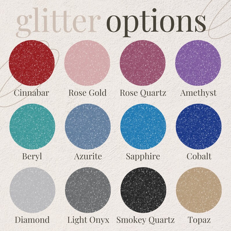 K&ouml;nnte beinhalten: Glitter-Optionen f&uuml;r Bastelprojekte. Die Farben umfassen Zinnober, Ros&eacute;gold, Rosenquarz, Amethyst, Beryl, Azurit, Saphir, Kobalt, Diamant, Hell Onyx, Rauchquarz und Topas.
