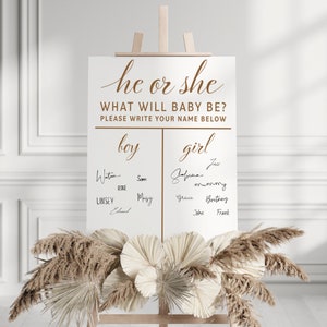 May include: A white sign with the text "he or she" and "WHAT WILL BABY BE? PLEASE WRITE YOUR NAME BELOW" in brown text. The sign is divided into two columns, one labeled "boy" and the other labeled "girl".  Names are written in black ink under each column.