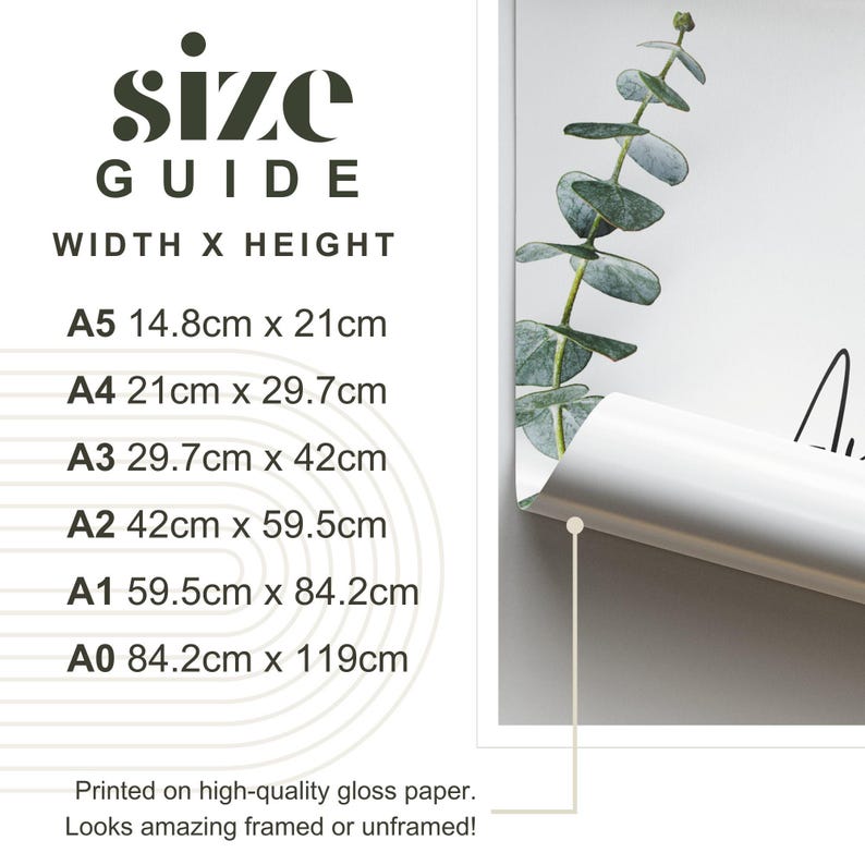 May include: A size guide for prints, showing the width and height of different paper sizes in inches. The sizes listed are A5, A4, A3, A2, A1, and A0. The guide also states that the prints are printed on high-quality gloss paper and look amazing framed or unframed.