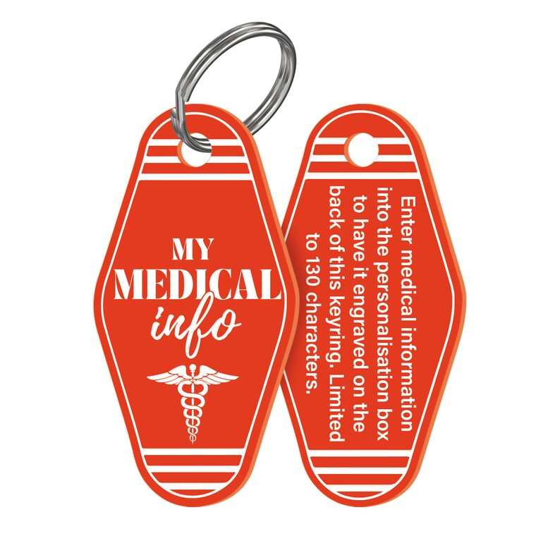 May include: Red motel key chain with a white medical symbol and the text "MY MEDICAL info". The back of the keychain has instructions for personalization.