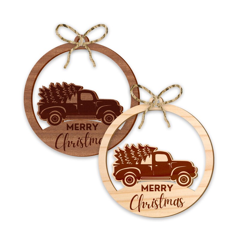 Merry Christmas - Rustic Wooden Ornament, Tree Decoration, Xmas Keepsake Memento, Cute Christmas Baubal, Vintage Truck with Christmas Tree Bild 5