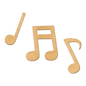 May include: Three wooden music note cutouts. The notes are in the shape of a treble clef, a crotchet, and a quaver.