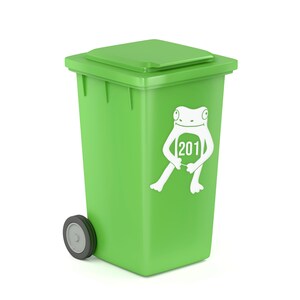 May include: A bright green trash bin with a matching lid and a single wheel. A white frog graphic with the number "201" is on the front. The bin is designed for outdoor use.