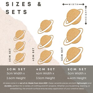 May include: Three sets of wooden planet cutouts in three sizes: 3 cm, 4 cm, and 5 cm. Each set includes three planets with a ring around them. The planets are made of 3 mm MDF and are perfect for crafting and DIY projects.
