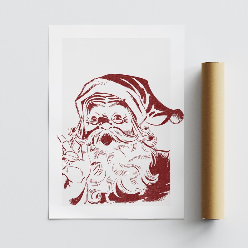 May include: A red and white print of Santa Claus giving a thumbs-up. The vintage-style illustration features Santa with a long white beard and a red hat. The print is displayed on a white background with a rolled-up poster tube.