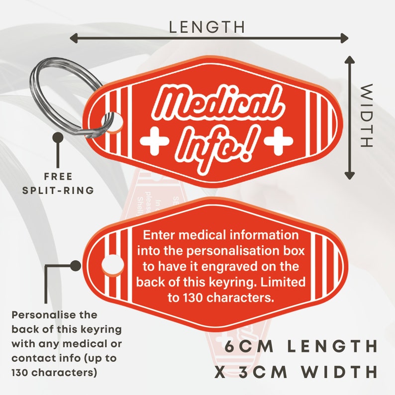 May include: Red and white motel key tag keyring with the text "Medical + Info! +" and a free split ring. The back of the tag has space to personalize with medical information. The tag measures 6 cm in length and 3 cm in width.