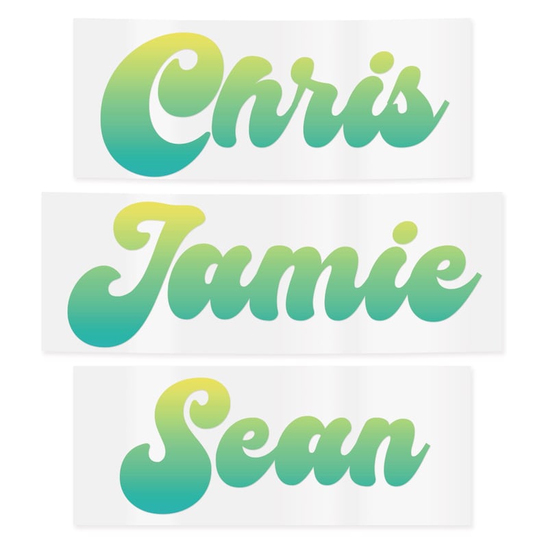May include: Three rectangular stickers with names: "Chris", "Jamie", and "Sean". Each name is written in a cursive font with a gradient of yellow to teal. The stickers have a white background.