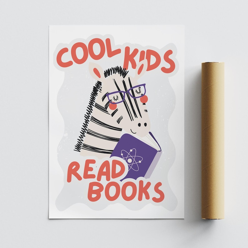 May include: A white and black zebra wearing glasses and reading a purple book with an atom symbol on the cover. The text "COOL KIDS READ BOOKS" is in red letters.