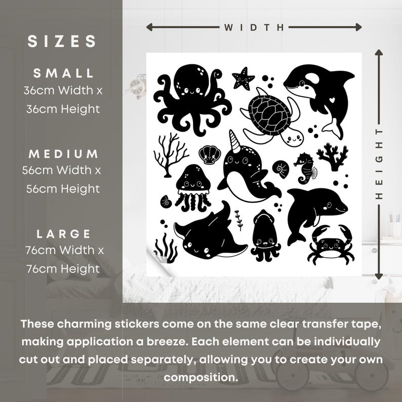 Op de afbeelding: Zwart-witte muurstickers met verschillende zeedieren, waaronder een octopus, narwal, zeeschildpad, dolfijn, kwal en een krab. De stickers zijn verkrijgbaar in drie maten: klein (36 cm x 36 cm), middel (56 cm x 56 cm) en groot (76 cm x 76 cm).