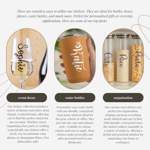 Op de afbeelding: Afbeelding met gepersonaliseerde stickers voor diverse toepassingen. Bevat een champagneglas met "Sophie", een oranje waterfles met "Katie" en potten met de labels "Oats", "Rice" en "Pasta". Ideaal voor evenementdecoratie, waterflessen en organisatie.
