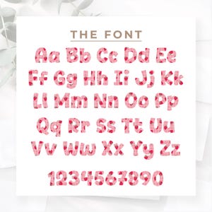 May include: A full alphabet and numbers are displayed in a pink strawberry pattern font. The text "THE FONT" is above the alphabet. The letters and numbers are on a white background.
