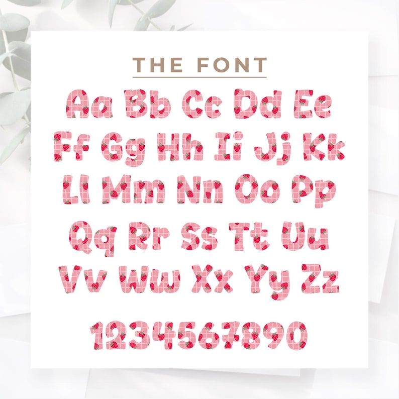 May include: A full alphabet and numbers are displayed in a pink strawberry pattern font. The text "THE FONT" is above the alphabet. The letters and numbers are on a white background.