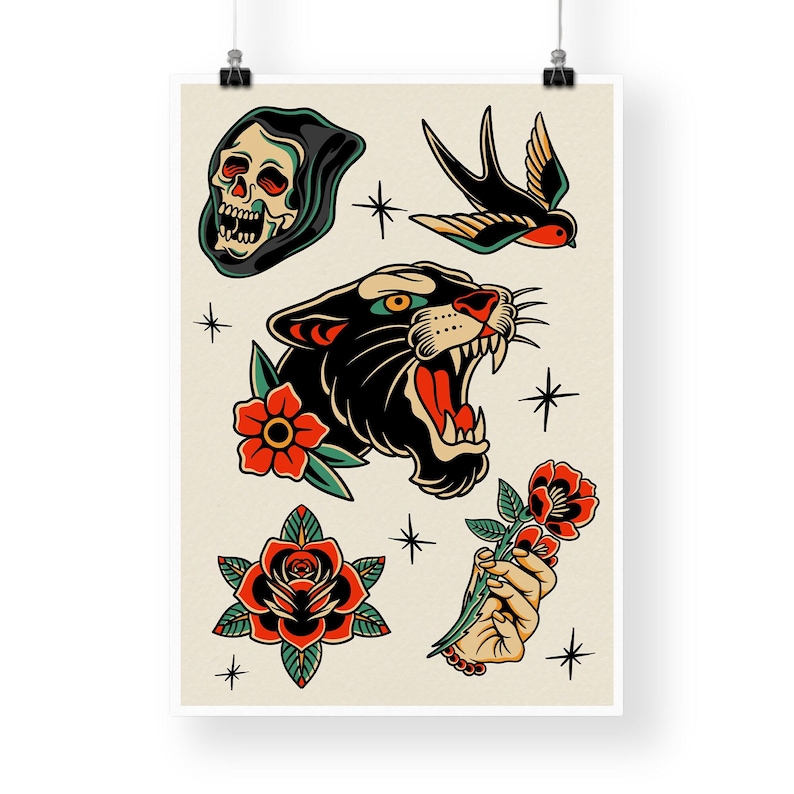 Traditional Tattoo Print - poster: Tattoo Style Sheet Art Posters | Vintage Designs | Classic Ink Wall Decor | Alternative Home Decor image 5