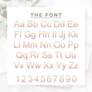 May include: A white background displays the alphabet and numbers in a colorful, rainbow-gradient font. The text "THE FONT" is above the letters and numbers. The letters are in uppercase and lowercase, and the numbers are from 1 to 0.