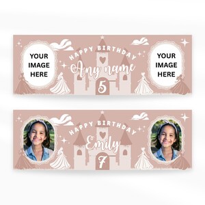 May include: Two birthday banners with a pink background. One banner says "Happy Birthday Any name 5" with a castle graphic. The other banner says "Happy Birthday Emily 7" with a photo of a girl. Both banners have space for photos.
