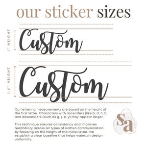 May include: A graphic showing two examples of custom sticker sizes. The word "Custom" is shown in a handwritten font, with the first letter measuring 1 inch and 1.5 inches in height. The text below explains that the lettering measurements are based on the height of the first letter.