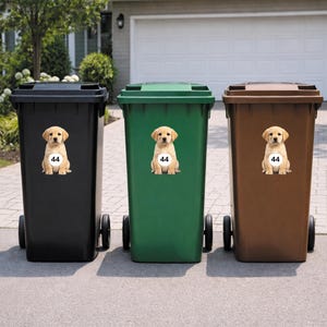 Personalised Wheelie Bin Sticker | Cute Labrador House Number Bin Decal | Dog Waterproof Vinyl Dustbin Label image 6