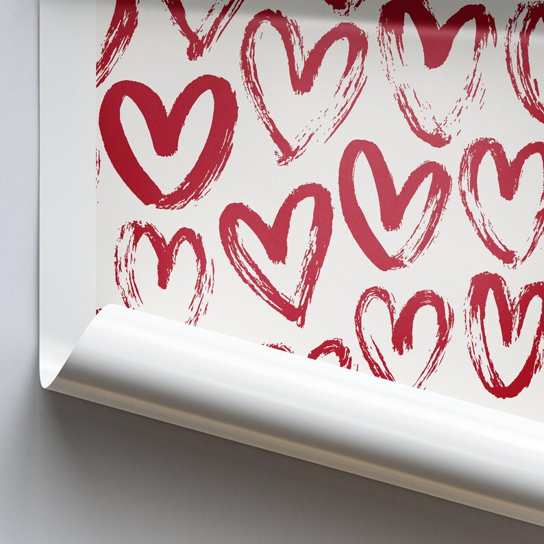 May include: A white background with a repeating pattern of red hand-drawn hearts.
