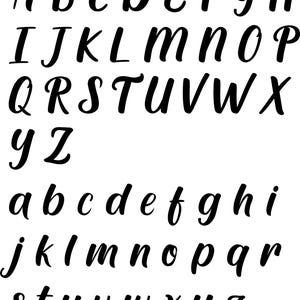 May include: Black, cursive alphabet letters A through Z, both uppercase and lowercase, are displayed on a white background. The letters are in a stylish, handwritten font, perfect for design projects.