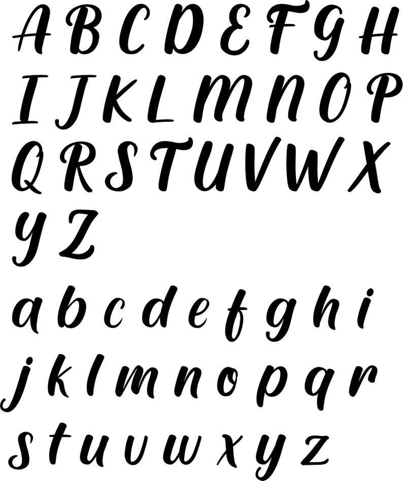 May include: Black, cursive alphabet letters A through Z, both uppercase and lowercase, are displayed on a white background. The letters are in a stylish, handwritten font, perfect for design projects.