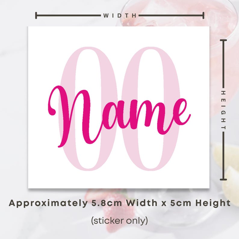 May include: A white sticker with the word "Name" in a bright pink script font, superimposed over two pale pink zeros. The sticker is approximately 2.3 inches wide and 2 inches high.