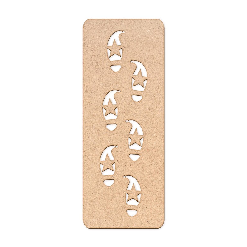 May include: A rectangular, light brown stencil with cut-out footprints. Each footprint features a star design. The stencil is made of a light-colored wood material and is set against a white background.